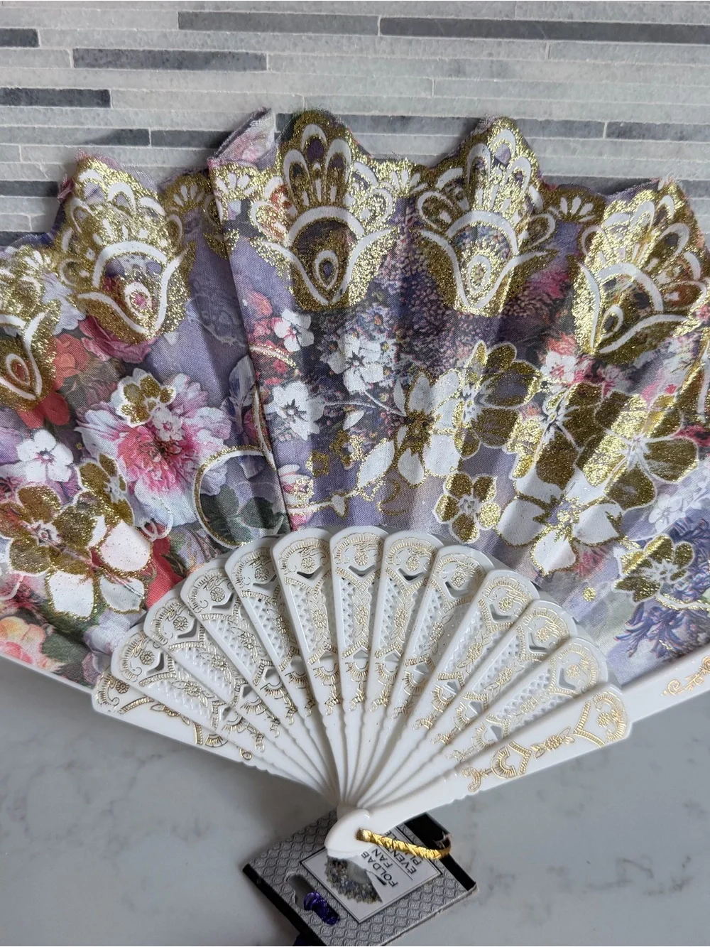 Vintage Decorative White and Purple Floral Hand Fan Wall Decor